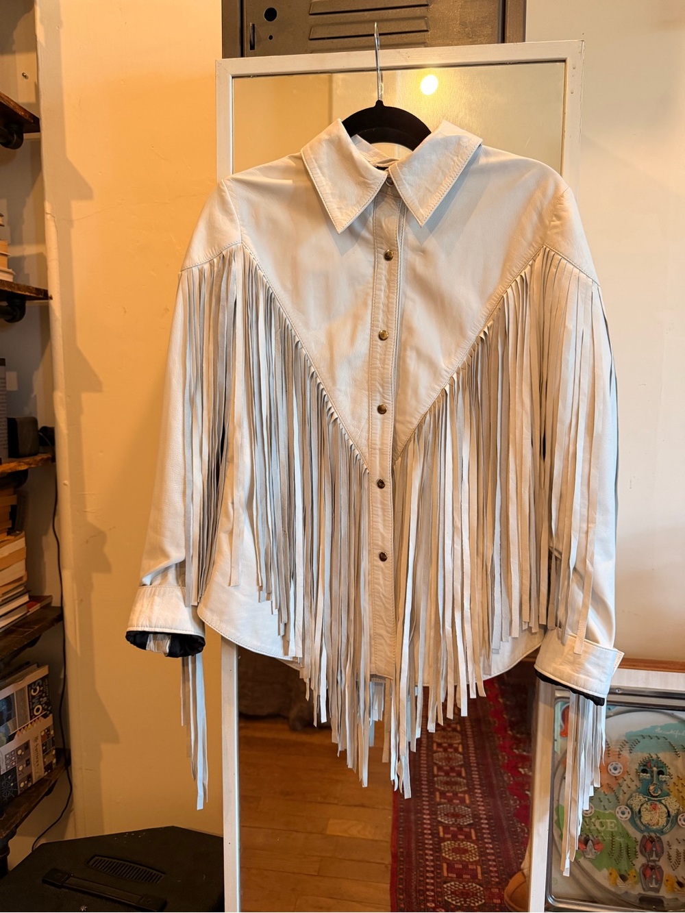 Fringed Western-Style Leather Jacket in off white